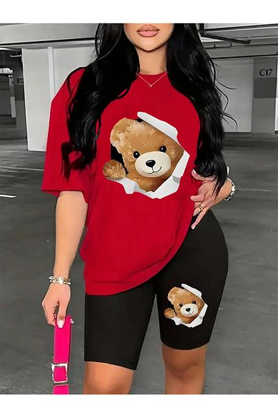 WOODROFFE Women's Window Cute Bear Printed T-Shirt, Scuba Diver Short Leggings Set (Leggings T-Shirt Set)