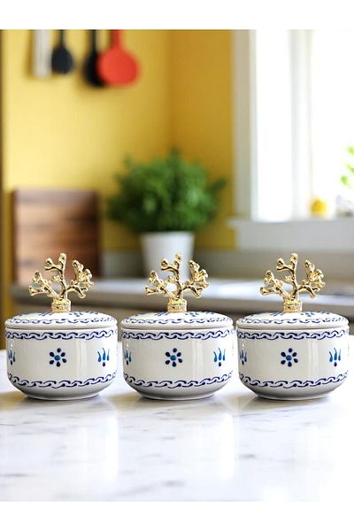 ferayhome Kitchen Accessory 3-Piece Breakfast Spice Rack Storage Container Embossed Patterned Gold Coral