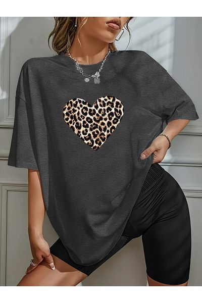 WOODROFFE Women's Leopard Heart Printed T-Shirt, Scuba Diver Short Leggings Set (Leggings T-Shirt Set)
