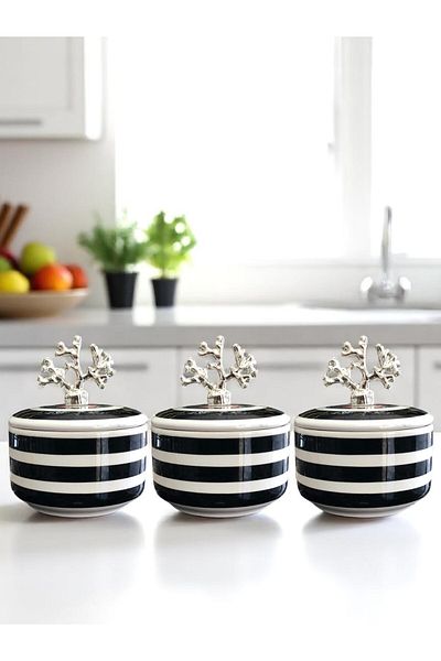 ferayhome Kitchen Accessory 3-Piece Breakfast Spice Rack Storage Container Sugar Bowl Black Zebra Silver Coral