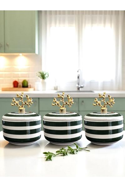 ferayhome Kitchen Accessory 3-Piece Breakfast Spice Rack Storage Container Sugar Bowl Green Zebra Gold Coral