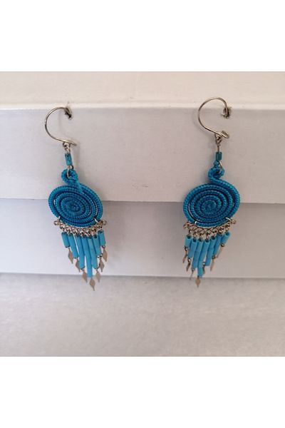 Butik Tülin Authentic Handmade Alpaca Wire Wrap Blue String Beaded Spiral Long Dangle Earrings 8.8X1.8 Made in Chile
