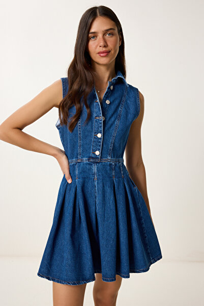 Lovelyİstanbul Mini Kloş Denim Elbise KOYU MAVİ LVW0002
