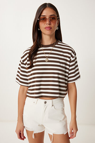 Lovelyİstanbul Ριγέ Stretchy Crop Πλεκτό T-shirt BROWN BONE LCR0082
