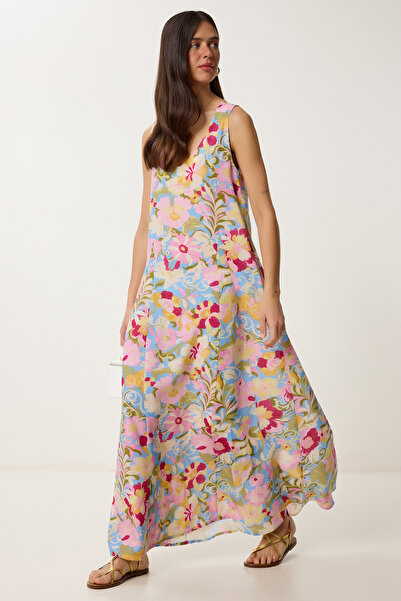 Lovelyİstanbul Çiçek Desenli Yazlık Keten Elbise PEMBE MAVİ LHC0021