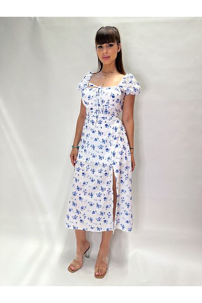 IFASTFASHION Women’s Blue Floral Puff Sleeve Midi Dress – Square Neck, Side Slit, Romantic Summer Look