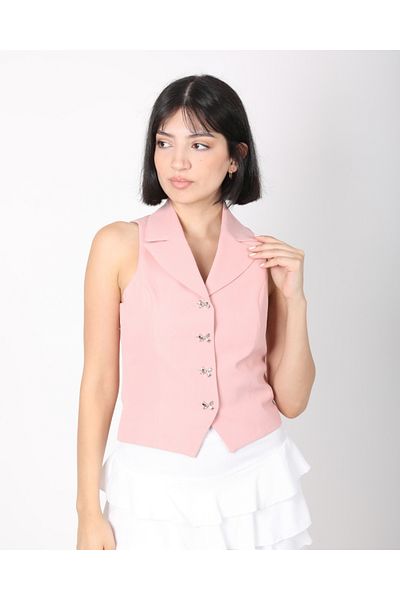 DEQ FASHION Women's Pink Bow Buttoned Blazer Vest