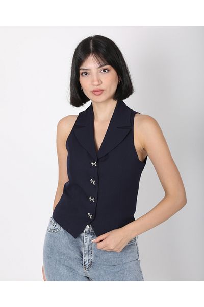 DEQ FASHION Women's Navy Blue Bow Buttoned Blazer Vest
