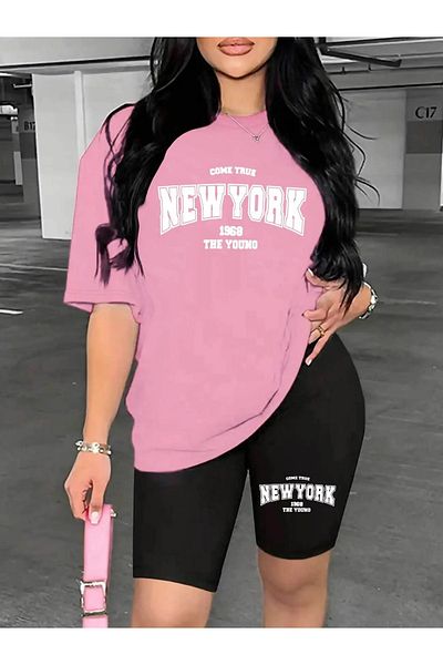 WOODROFFE Women's New York Printed T-Shirt, Scuba Diver Short Leggings Set (Leggings T-Shirt Set)