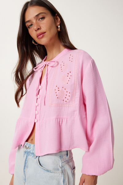 Lovelyİstanbul Μουσελίνα Μπλούζα με Σκαλιστή Λεπτομέρεια Κορδόνι PEMBE LFH0002