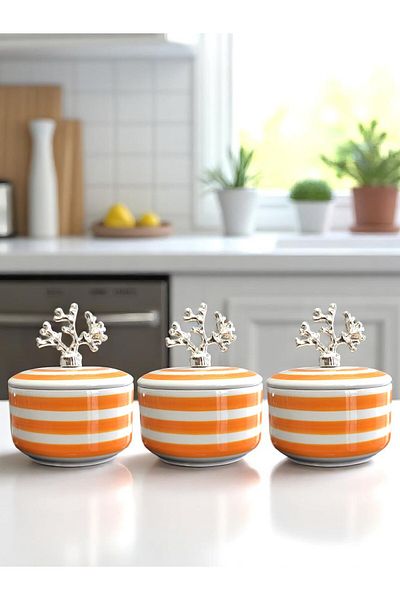 ferayhome Kitchen Accessory 3-Piece Breakfast Spice Rack Storage Container Sugar Bowl Soft Yellow Zebra Silver Coral