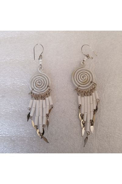 Butik Tülin Authentic Handmade Alpaca Wire Wrap White String Beaded Spiral Long Dangle Earrings 8.8X1.8 Made in Chile