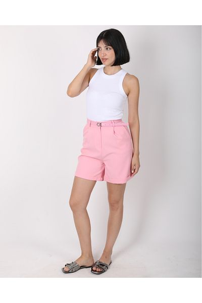 DEQ FASHION Women's Pink Pleated High Waist Belted City Boy Shorts