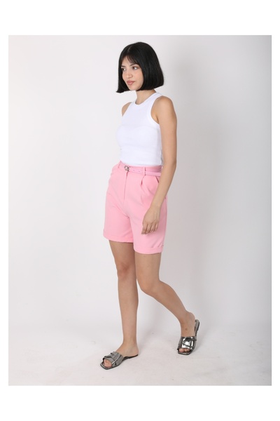 deqfashion Women's Pink Pleated High Waist Belted City Boy Shorts