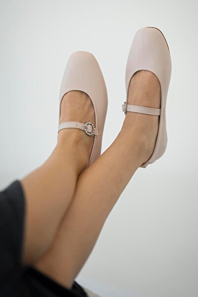 Parponi Amalia Women's Belt Detail Leather Ballerinas Ecru