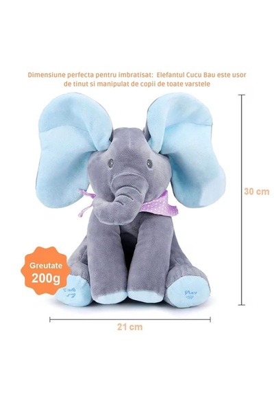 OEM Interactive Plush Elephant Cuckoo Boo, Talks and Sings, Grey/Blue, 30cm