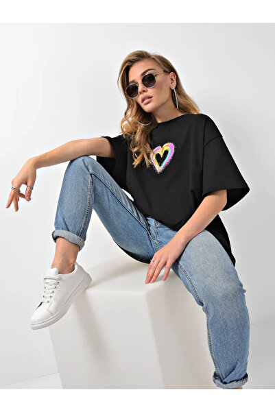 ELNOYA تي شيرت كاجوال مريح برقبة دائرية مطبوع عليه "قوس قزح القلب" من القطن ا...