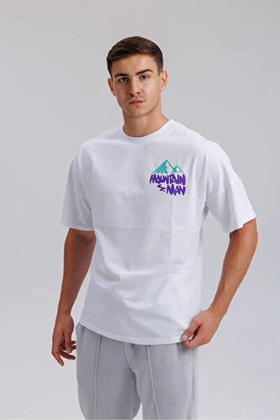 ELNOYA Unisex Cotton White Oversize "Mountain Man" Printed Crew Neck Comforta...