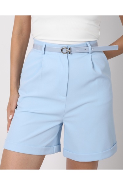 deqfashion Kadın Mavi Pileli Yüksek Bel Kemerli Şehir Boy Şort