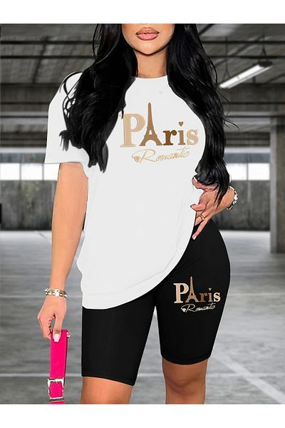 WOODROFFE Women's Paris Romantic Printed T-Shirt, Scuba Diver Short Leggings (Leggings T-Shirt Set)