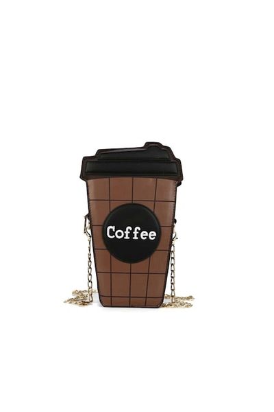 The Casius. Mini Shoulder Bag with Coffee Design, Gold Chain Strap, Brown Color, The Casius