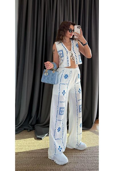 Daves Elastic Waist Lined Cotton Linen White Blue Floral Trousers