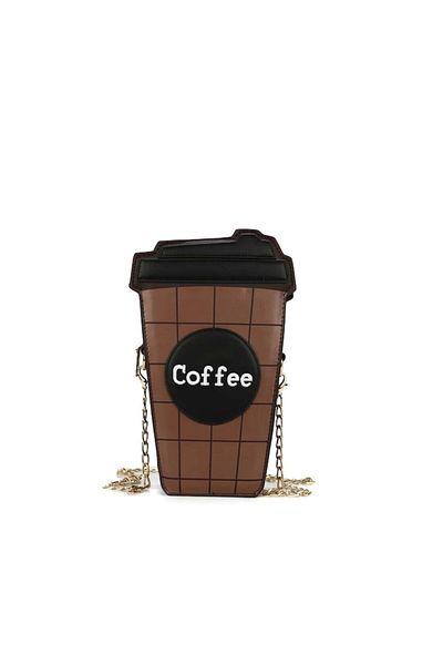 The Casius. Mini Shoulder Bag with Coffee Design, Gold Chain Strap, Brown Color, The Casius