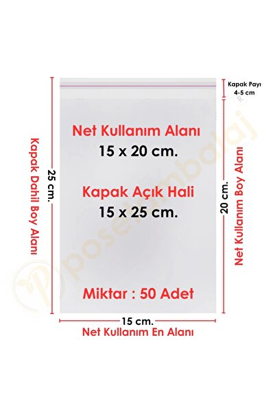 CarpCorn 15x20+5 cm.(15x25) 50 Adet Şeffaf Bantlı Yapışkanlı OPP Poşet