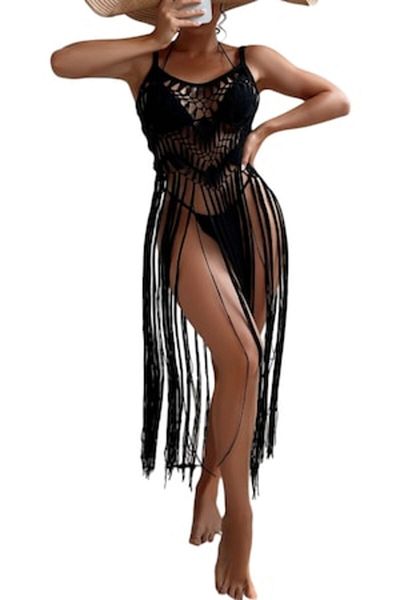 The Casius. Kimono de plaja, model crosetat cu franjuri, marime universala, culoarea negru