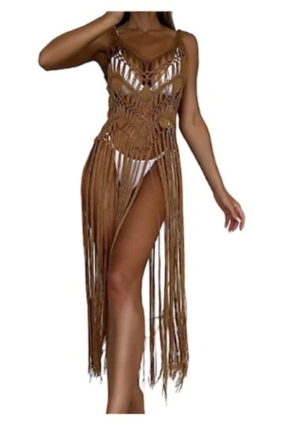 The Casius. Beach Kimono, Crochet Pattern With Fringes, Universal Size, Tan Brown Color