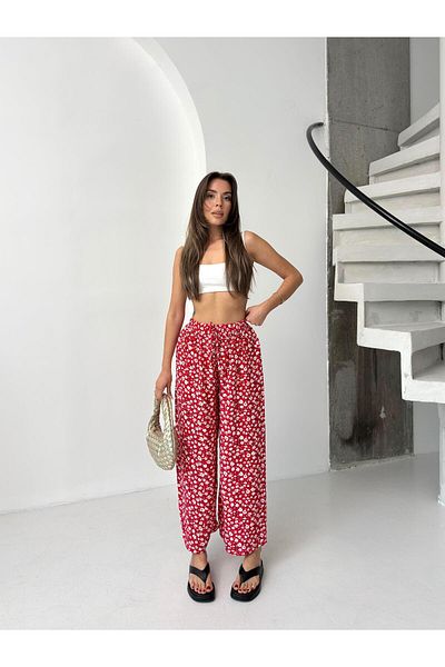 Jeevee Red Floral Patterned Summer Wide Leg Trousers