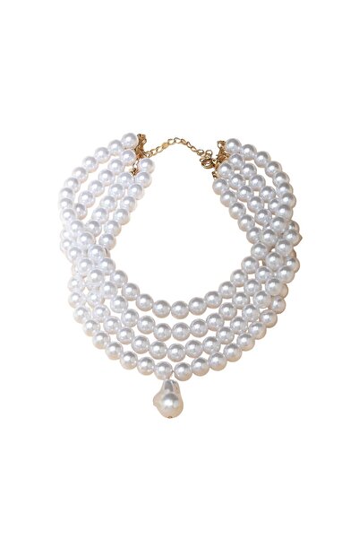 The Casius. White faux pearl choker necklace for women, base of neck model with pearl pendant, model B, c