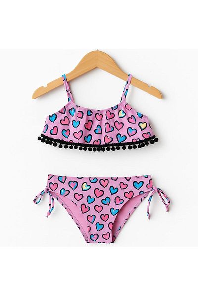 No Gossip Multicolored Patterned Pompom Girl's Bikini Set 234202