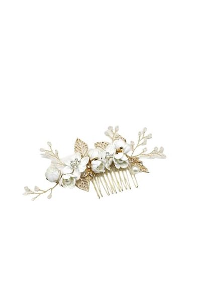 The Casius. Hair comb clip with flowers and artificial pearls, 15 cm, white and gold