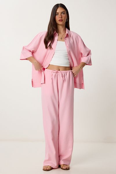 Lovelyİstanbul Linen Shirt Pants Suit Pink Ldp0058
