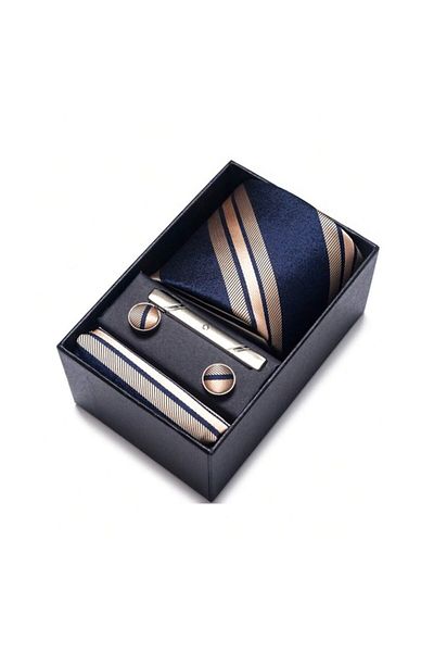The Casius. Set for Men, Includes Tie, Pocket Square, Cufflinks, Tie Clip, Classic Design, Blue and Beige