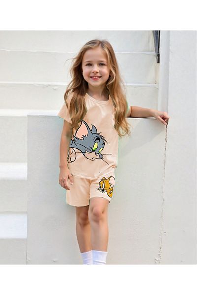 bebekpare Girl's Beige Tshirt-Shorts Set Cat and Mouse Printed