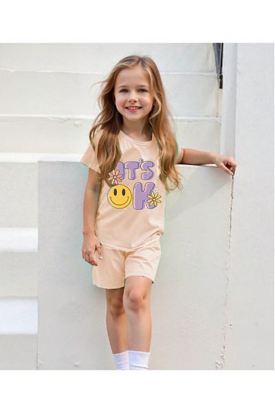 bebekpare Girl's Beige Tshirt-Shorts Set It's Ok