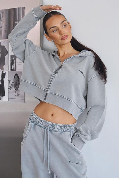 South Coast Gray Faded Effect Crop Hoodie