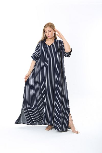 XL Modam Women's Dark Blue Short Sleeve Patterned Linen Large Size Dress