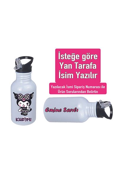 DKDZ SHOP Kuromiii Printed Metal Water Bottle with Straw and Hook 600ml. White