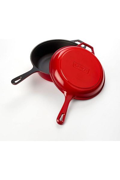 Lava Casting Combo Deep Skillet / Saucepan and Frying Pan with Handle, with Metal Handle Lid, 26cm, Red