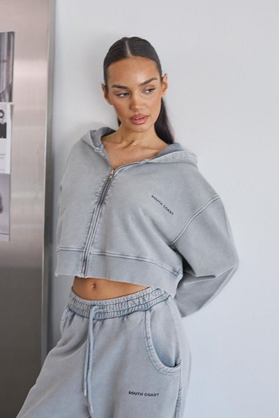 South Coast Gray Faded Effect Crop Hoodie