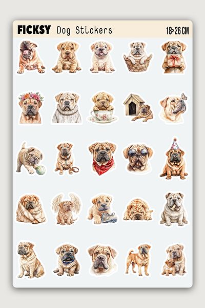 Ficksy Shar Pei Dog Sticker Set - 25 Pieces of Sticker Stickers
