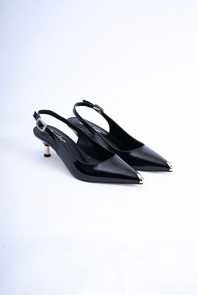 innsteal Cielo Classic Women's Black Patent Leather Thin Heeled Slingback Shoes – Elegant Model with Metal Tip Detail
