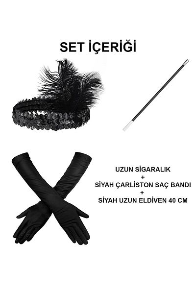 merland benvecocuk 1920S Gatsby Accessories Set – Black Charleston Headband, Long Gloves & Cigarette Holder