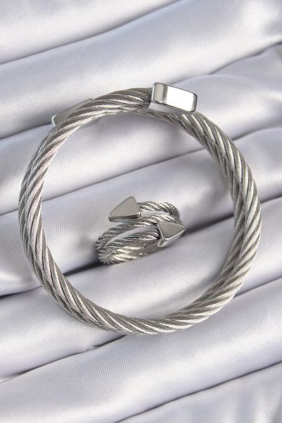 merland benvecocuk 316L Steel Silver Color Spiral Model Men's Bracelet Ring Combination - Lisinya