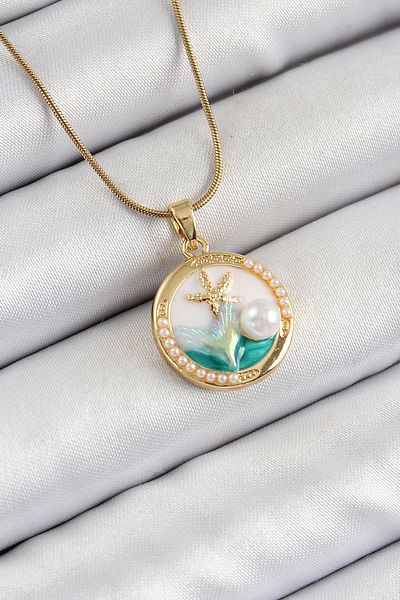 BESKAR 316L Steel Chain White Enamel Artistic Portrait Pearl Detailed Sea Starfish Model Gold Color Women