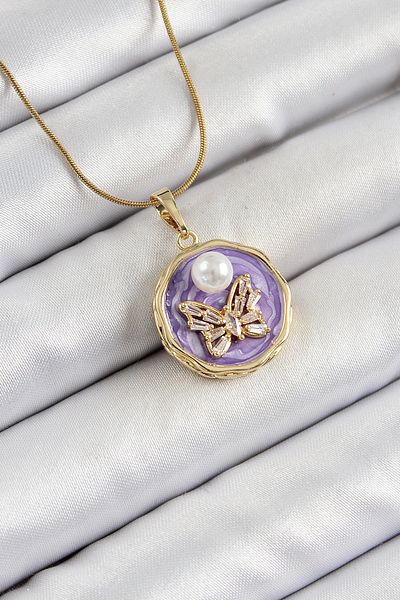 BESKAR 316L Steel Chain Zircon Stone Purple Artistic Portrait Pearl Detailed Butterfly Model Gold Color Women's K