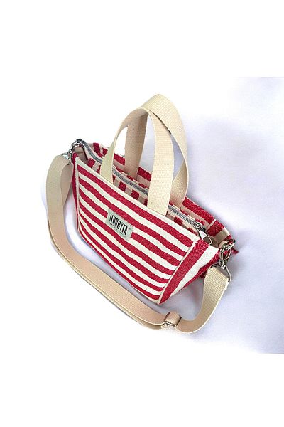 Nuggita Mini Size Zippered Herringbone Striped Woven Handbag / Cross Strap - Red